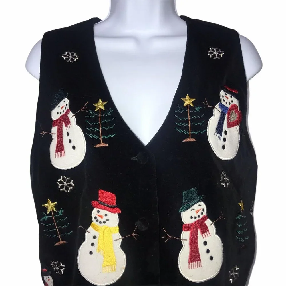 Vintage Westbound Christmas Vest Womens Petites PM Black Velvet Holiday Snowman - Picture 2 of 10